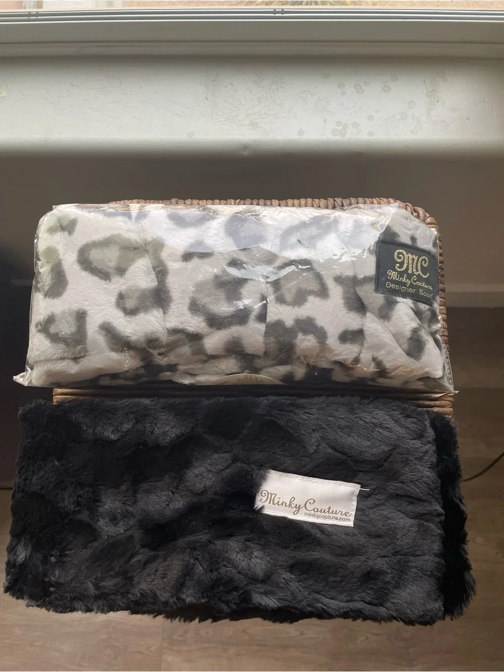 Set Two (2) Minky Couture Luxury Designer Scarves Black and Animal Print 5x70”